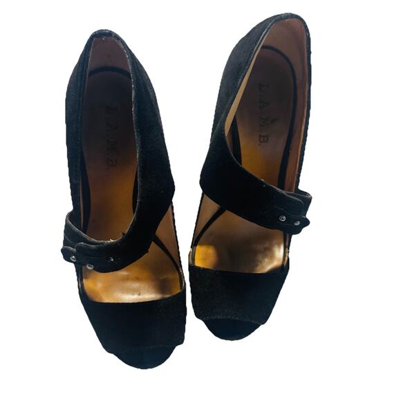 L.A.M.B. Gwen Stefani Black Suede Leather Peep Toe Strap High Stiletto Heels 7 - Picture 4 of 9